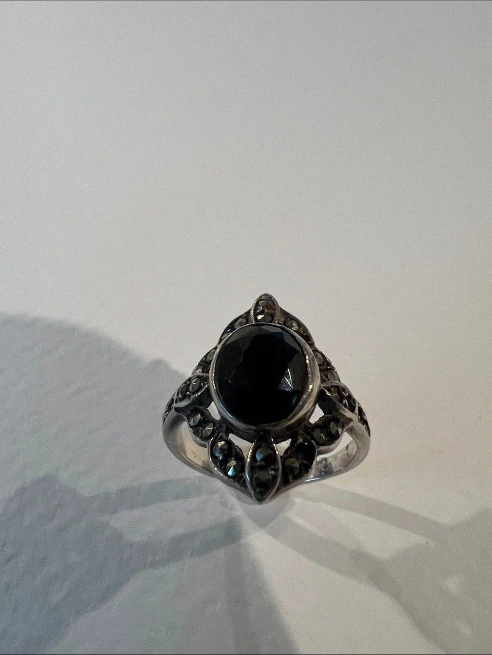 Sterling Silver Faceted Black Stone Marcasite Vintage Women's Ring